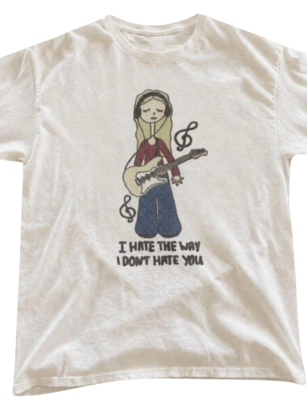 Gildan White Graphic Tee with Guitar Girl and Lyrics